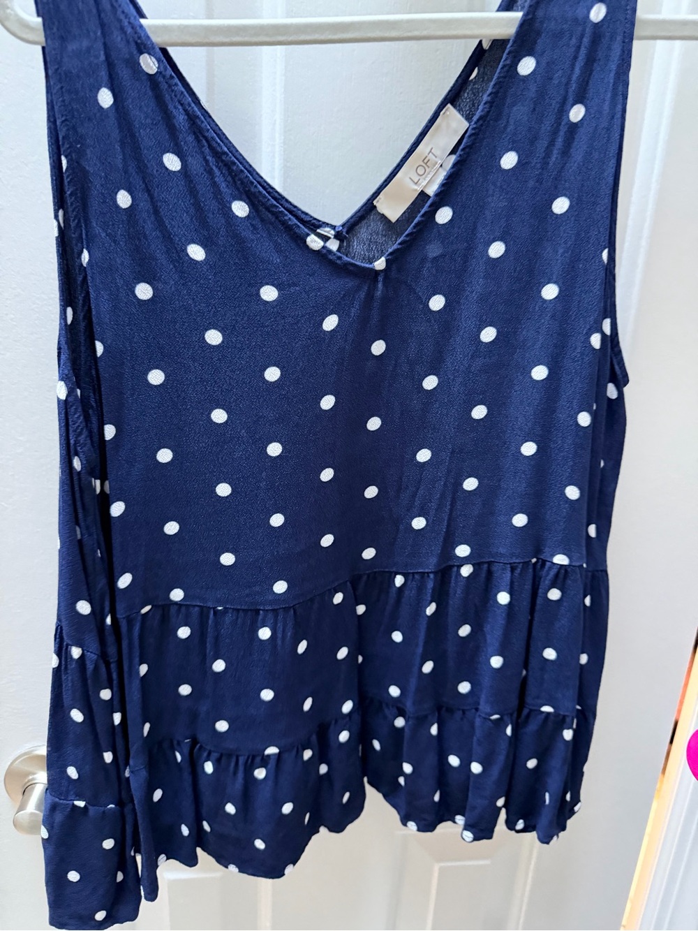 LOFT Navy and White Polka Dot Sleeveless Tiered Top